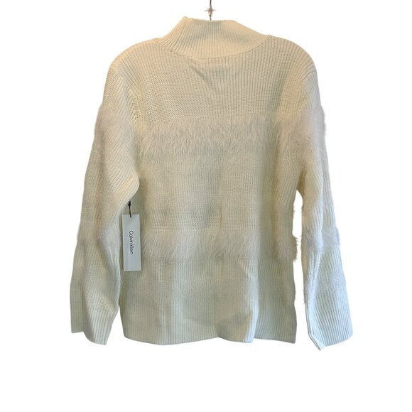 Calvin Klein Large Mock Neck Fuzzy Stripes Sweater Ribbed Knit Winter White - Picture 5 of 10